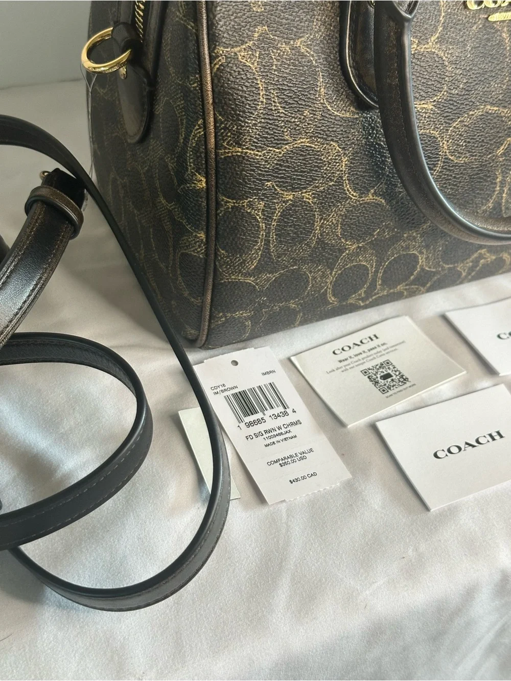 Coach Rowan Satchel Bag In Loved Signature Canvas With Charms Brown and Gold